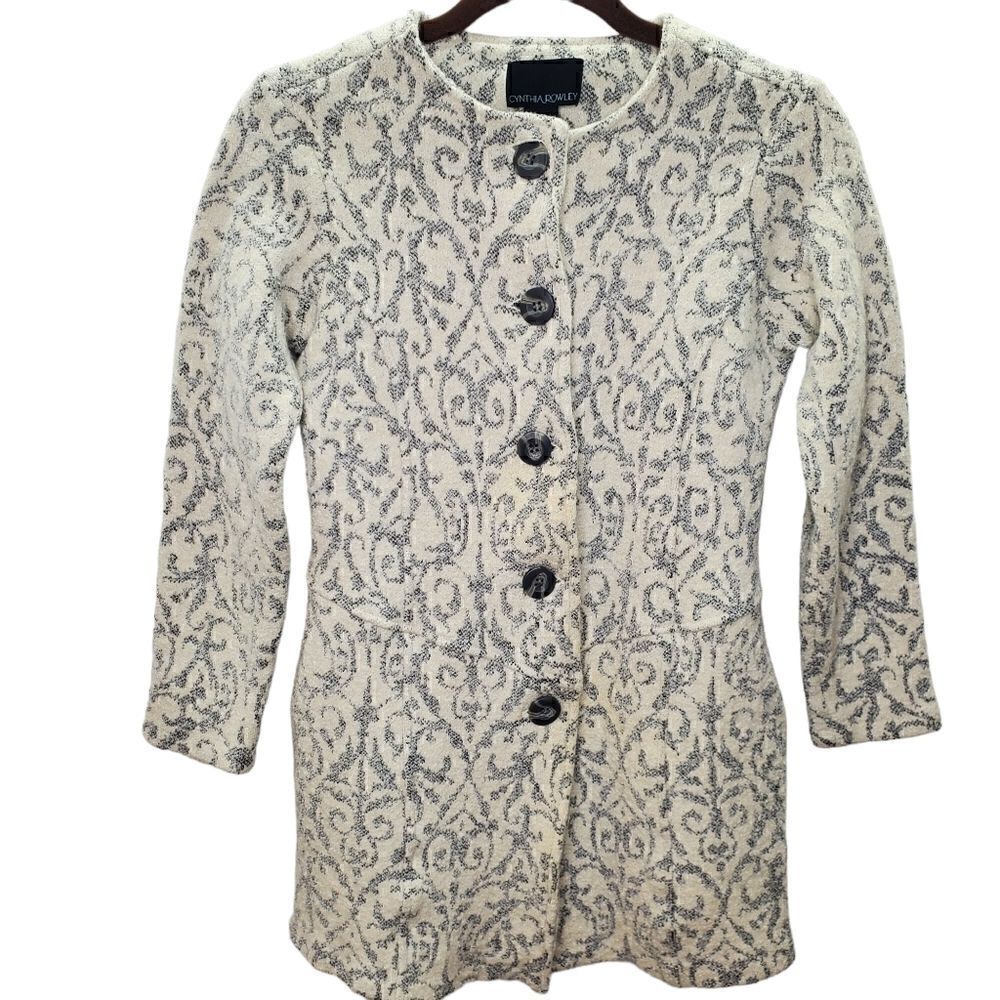 Cynthia Rowley Stylish Wool Coat White & Gray Damask Print Sz Medium